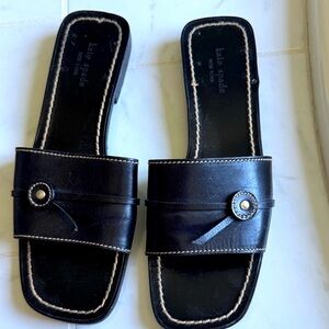 Kate Spade Black Leather Slide Sandals with Button Accent